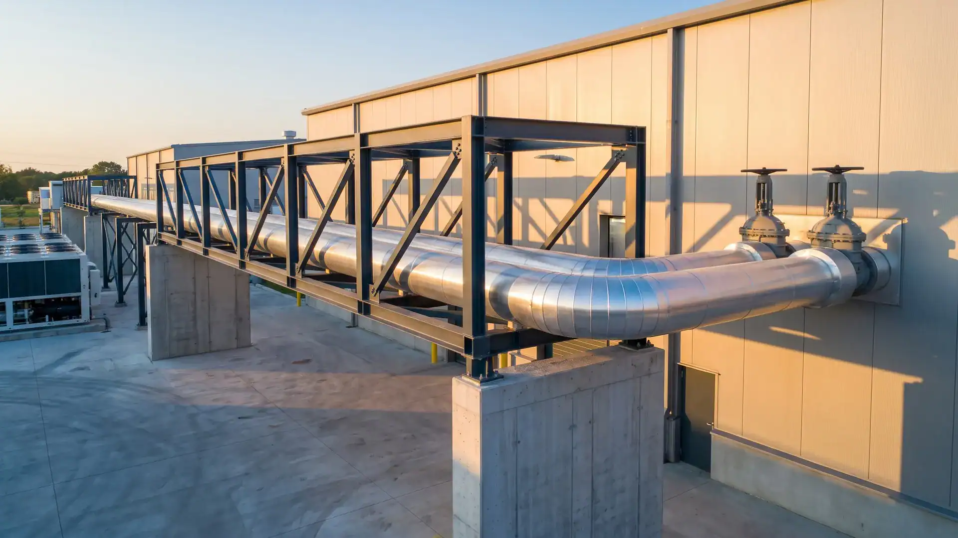 Insulated chilled water lines on a steel pipe bridge entering a plant building, valves at the wall