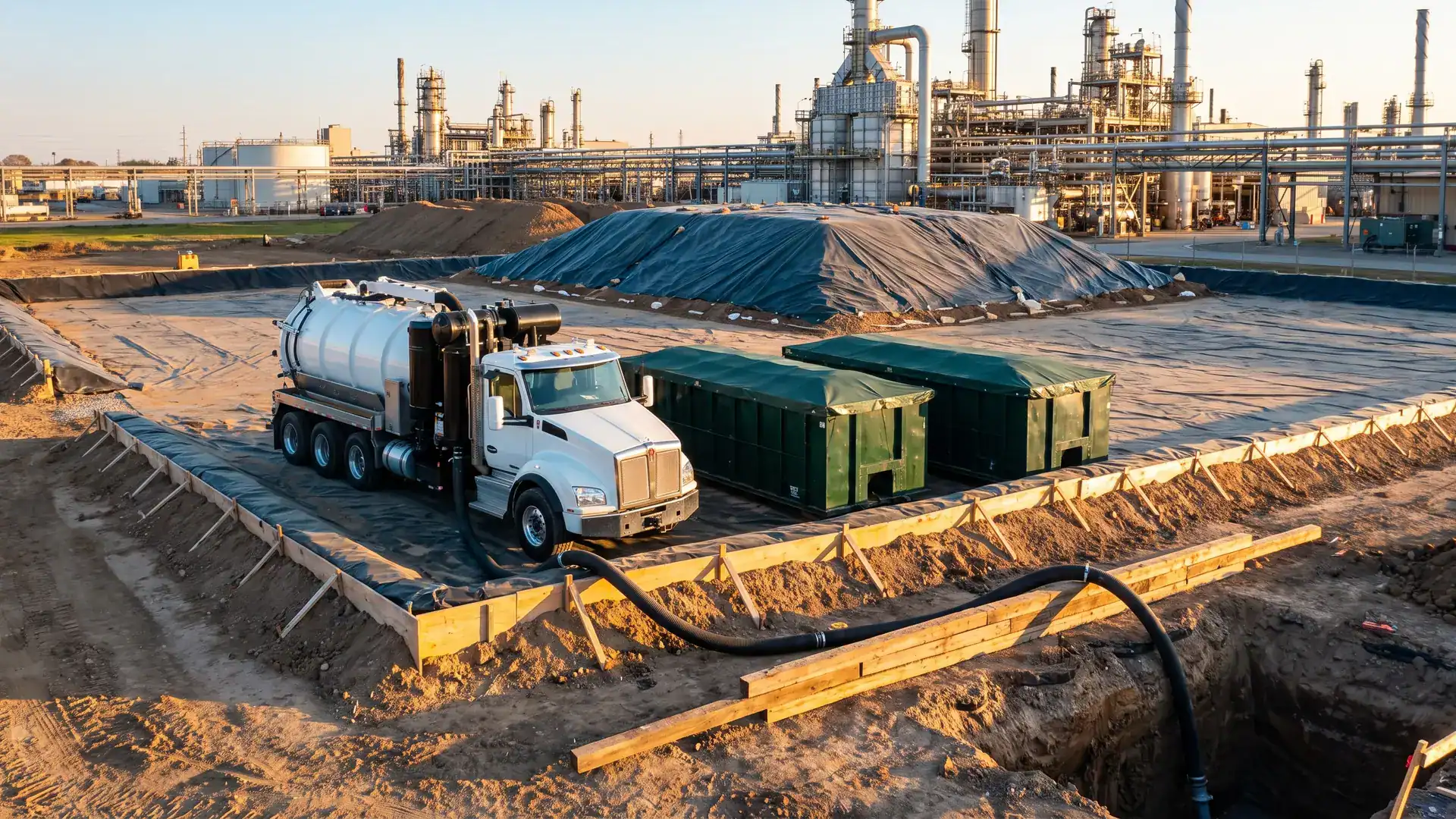 Vacuum truck and covered roll-off containers in a lined remediation area beside an operating plant